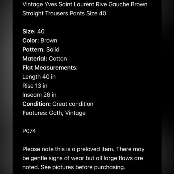 Vintage Yves Saint Laurent Rive Gauche Brown Straight Leg Trousers Pants Size 40 - Picture 2 of 9